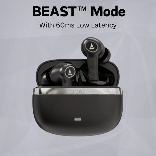 This earbuds showcasing Beast Mode for 60ms low latency gaming.