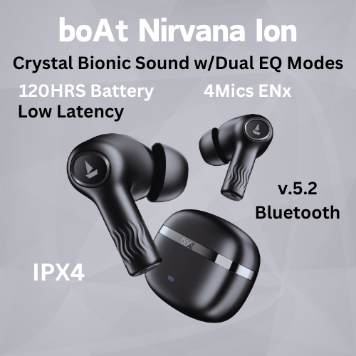 boAt Nirvana Ion, 120HRS Battery, Crystal Bionic Sound w/Dual EQ Modes, 4Mics ENx, App Support, Low Latency, IPX4, v.5.2 Bluetooth Earbuds, TWS Ear Buds Wireless Earphones with mic (Charcoal Black)
