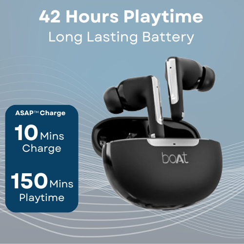 boAt Airdopes 141 ANC showing 42 hours of playtime with quick ASAP™ charge feature