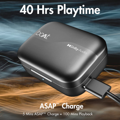 Image showcasing boAt Airdopes 800 with its charging case, highlighting extended playback time and quick charging benefits