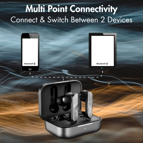 Illustration of boAt Airdopes 800 connected to a laptop and smartphone simultaneously, showcasing multi-point connectivity