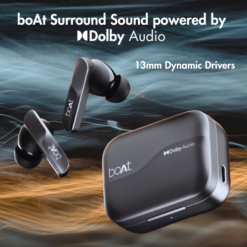 Visual of boAt Airdopes 800 surrounded by sound waves, emphasizing Dolby Audio-powered immersive surround sound