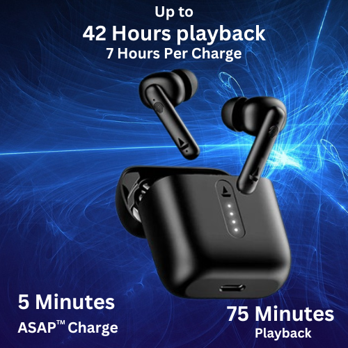 42-hour battery life. And fast charging, just 5 minutes of charge provides 75 minutes of playback.