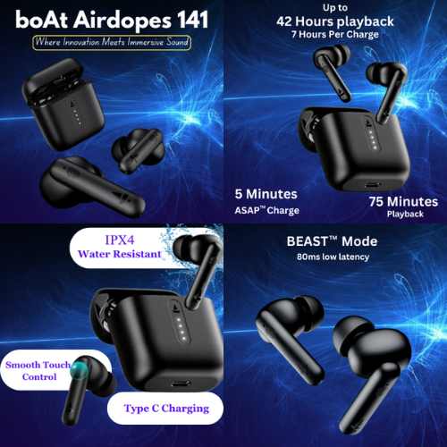 A sleek pair of boAt Airdopes 141 wireless earbuds in bold black, showcasing their ergonomic design, compact charging case, and advanced features like ENx technology and low latency mode
