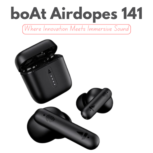 A sleek pair of boAt Airdopes 141 wireless earbuds in bold black, showcasing their ergonomic design, compact charging case, and advanced features like ENx technology and low latency mode