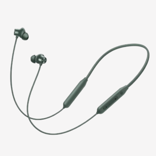 Close-up view of OnePlus Bullets Wireless Z2 neckband with sleek design and magnetic earbuds.