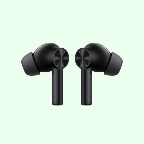 Close-up view of OnePlus Buds Z2 wireless earbuds with charging case, showcasing sleek design and LED indicator