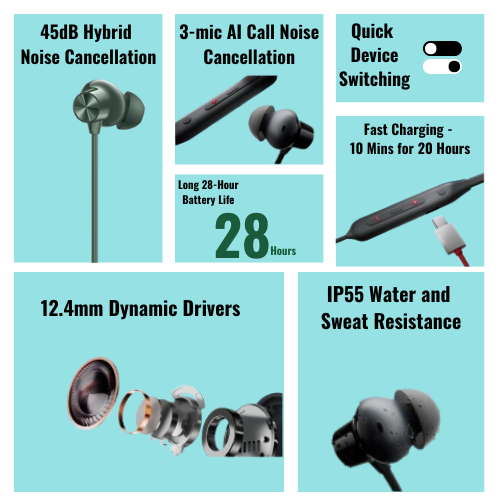 OnePlus Bullets Wireless Z2 highlights: 45dB hybrid noise cancellation, 3-mic AI call noise cancellation, quick device switching, 12.4mm dynamic drivers, 28-hour battery life, IP55 water resistance, and fast charging for 20 hours in 10 minutes