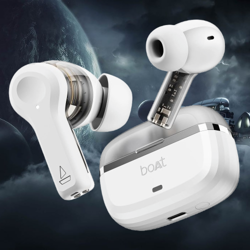 boAt Nirvana Space earbuds with a sleek, black design and charging case.