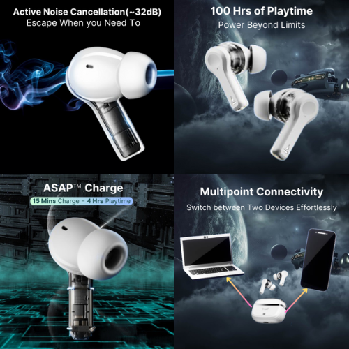 boAt Nirvana Space earbuds featuring Diamond-like Carbon (DLC) Drivers, Active Noise Cancellation (~32dB), 100 hours of playtime, and Multipoint Connectivity