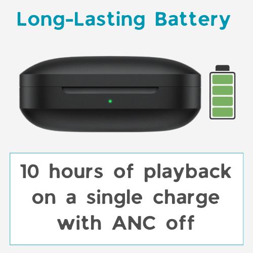 OnePlus Buds 3 displayed with their charging case, highlighting long battery life.
