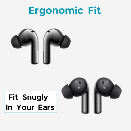 Close-up of OnePlus Buds 3 earbud with soft ear tips designed for ergonomic comfort.