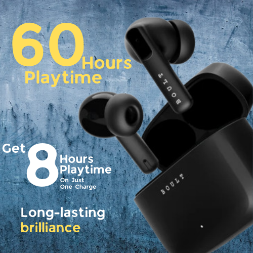 Long-lasting 60 hours of total playback with the Boult Z60 charging case.