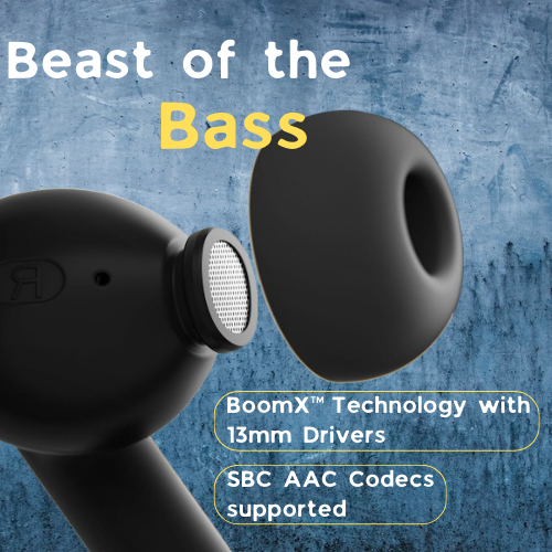 BoomX Technology featuring 13mm drivers and support for SBC and AAC codecs.