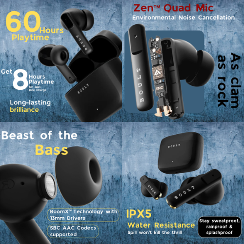 Boult Z60 earbuds featuring 60 hours of playback, Zen Quad Mic ENC, BoomX Technology with 13mm drivers, and IPX5 water resistance.