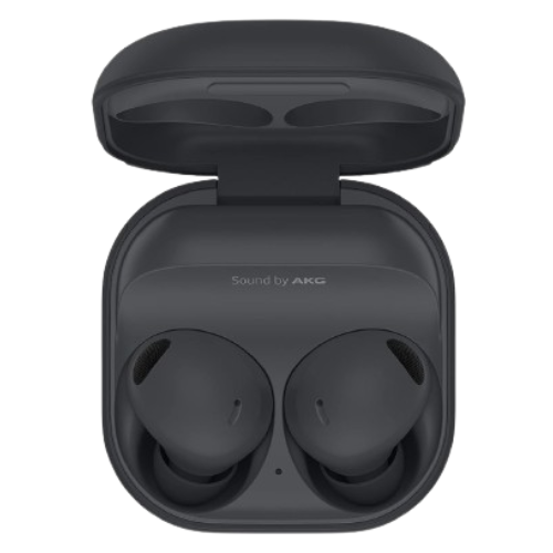 Samsung Galaxy Buds2 Pro elegantly placed on a reflective surface, highlighting their modern design and premium finish.