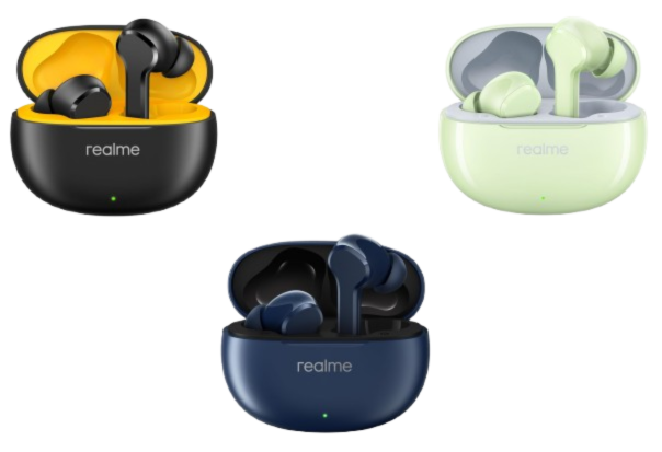 Sleek and stylish realme Buds T110 TWS earbuds with Bluetooth 5.4 and IPX5 water resistance.
