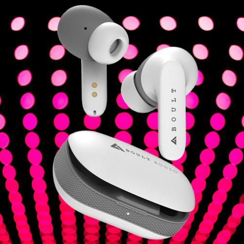 Close-up of Boult Z20 earbuds showing touch controls and sleek design